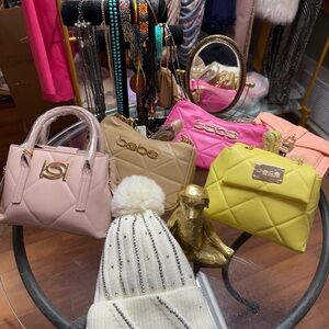 Bebe Quilted Mini Bags - Pink, Beige, Yellow, Peach and Sparkly Cozy Beanie Hat